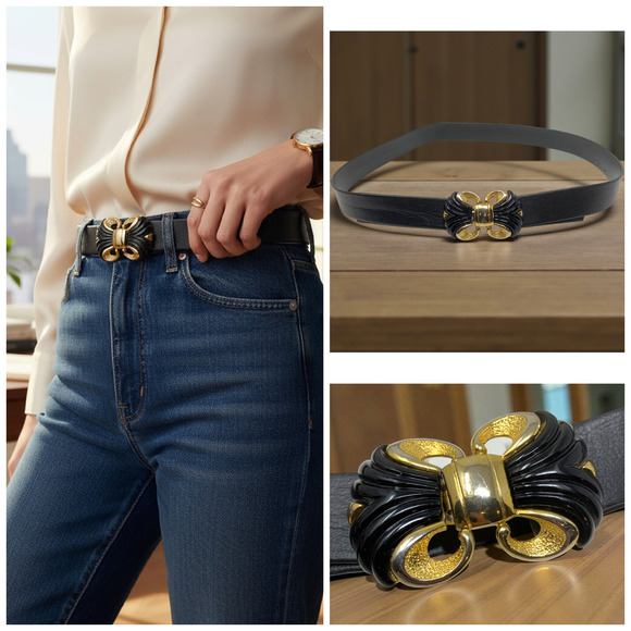 Unbranded Accessories - Vintage 1980's Tempo Designs Black Leather Belt Gold Double Modernist Buckle